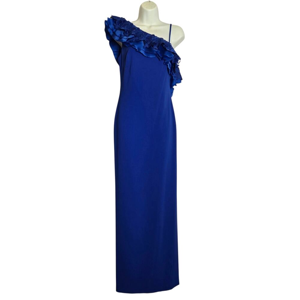 Badgley Mishka Ruffled One Shoulder Evening Maxi Dress Blue 2 Gala Wedding Prom